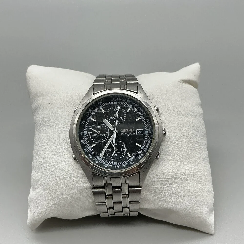 Vintage Seiko Chronograph 7T32-7C60 Mens Watch 39mm Black Dial New Battery 7.25